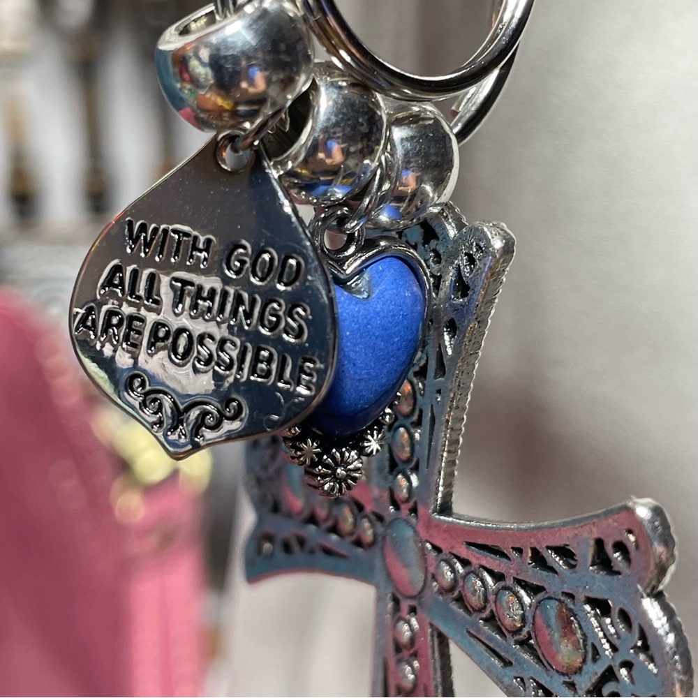 NEW Rhinestone Cross Bag Charm Keychain, Scripture, Portland Leather Compatible! - Picture 3 of 6